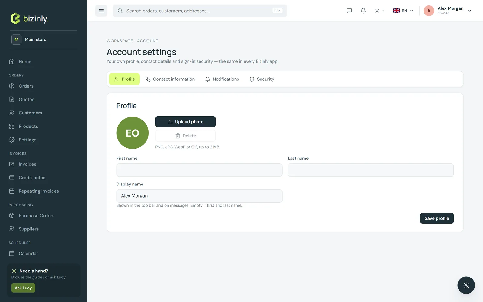 Account settings → Profile, with photo, first/last name and display name