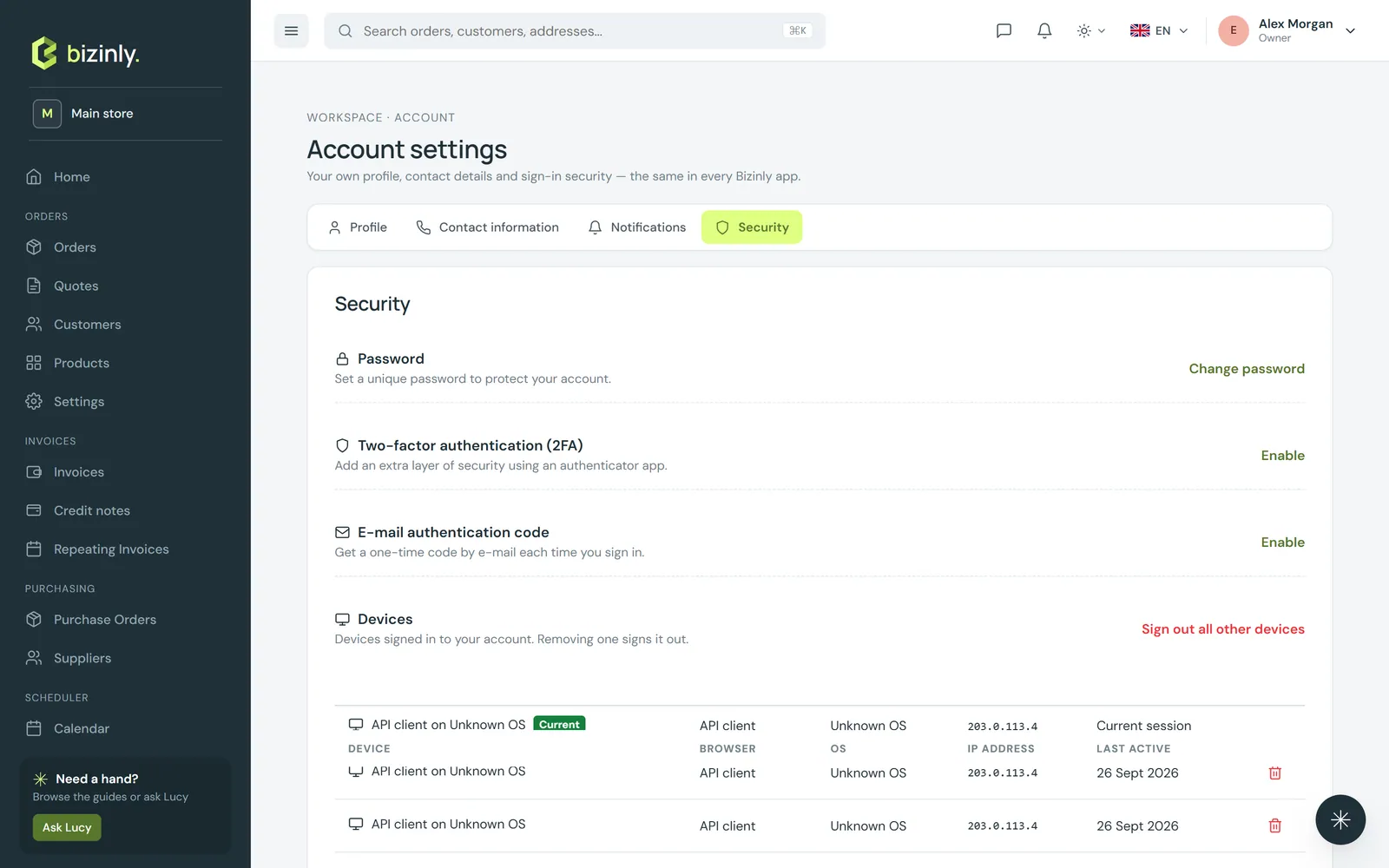 Account settings → Security: password, 2FA, e-mail authentication code and active devices