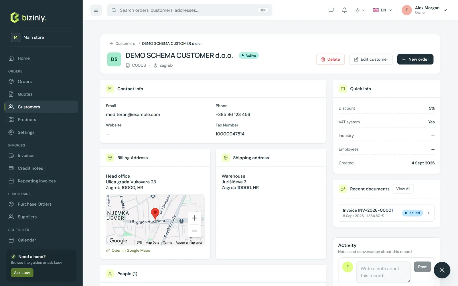 A customer's own page: contact info, quick info, billing and shipping addresses with a map, and recent documents