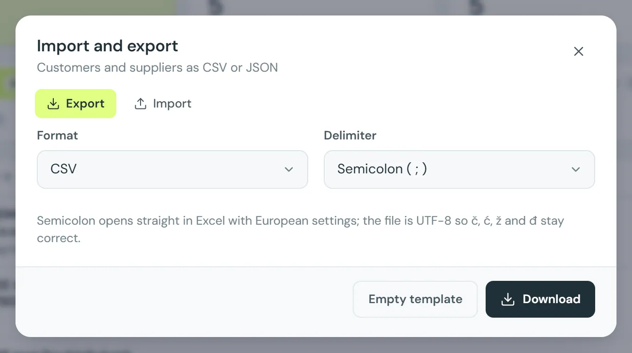 The Import and export dialog, with Export selected, CSV format and a semicolon delimiter