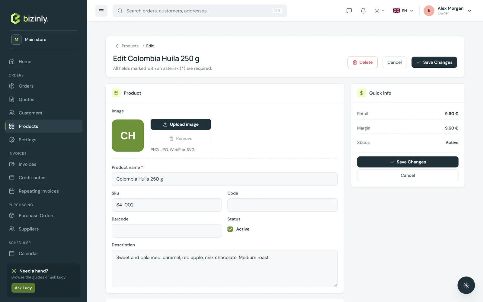 A product's edit form: pricing with a live margin, classification and unit of measure