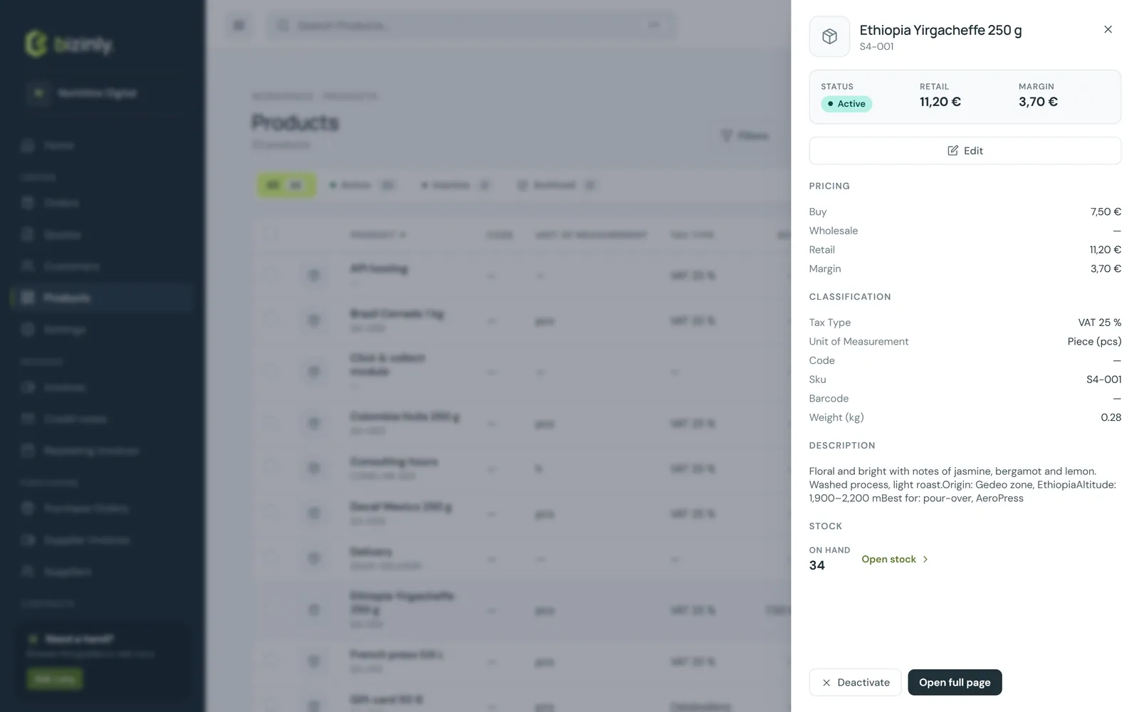A product's side panel: status, retail price and margin, pricing, classification, description and stock