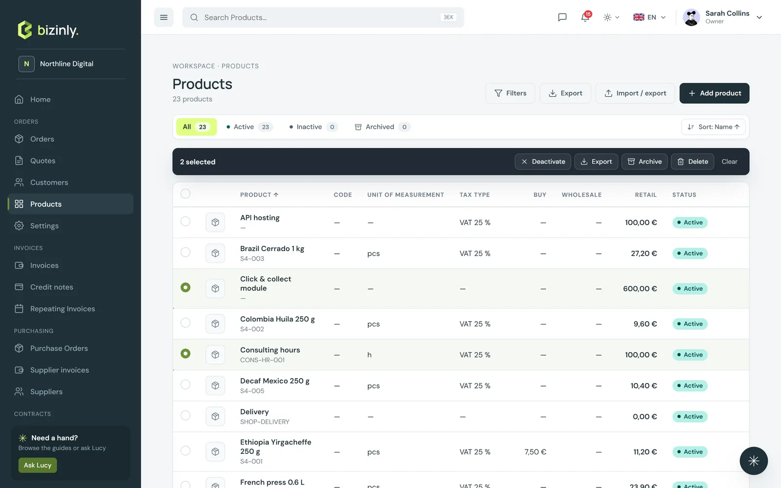 Two products selected, with the bar offering Deactivate, Export, Archive and Clear