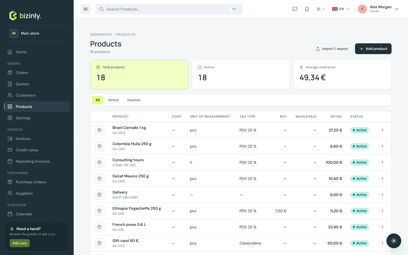 The Products list, with total, active count and average retail price, and a grid of catalogue items