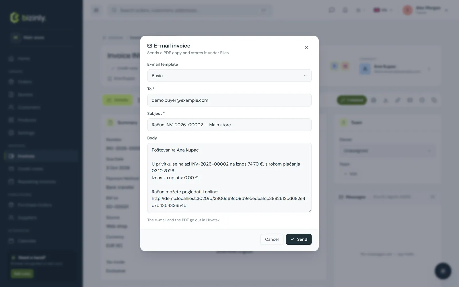 The E-mail dialog on an invoice, with recipient, subject and body pre-filled from a template