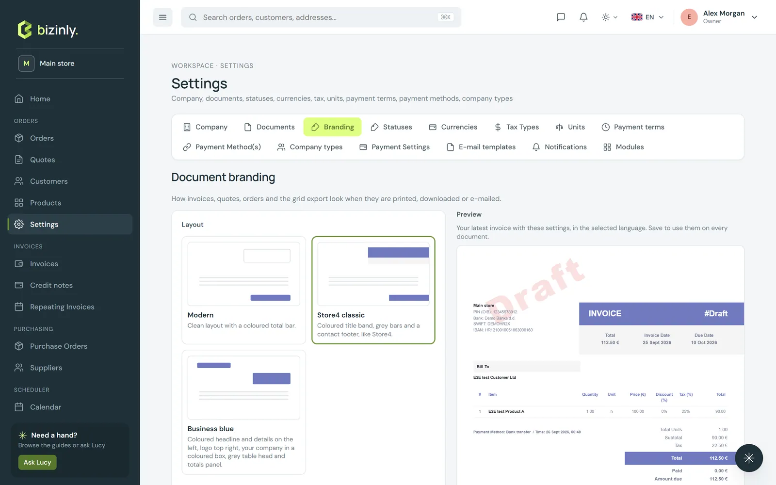 Settings → Branding, with layout, colour and font controls next to a live document preview