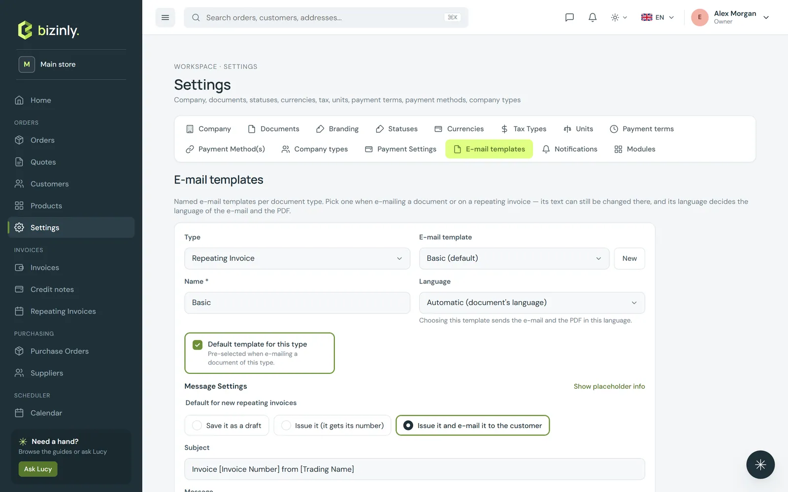 Settings → E-mail templates, listing templates by document type and language