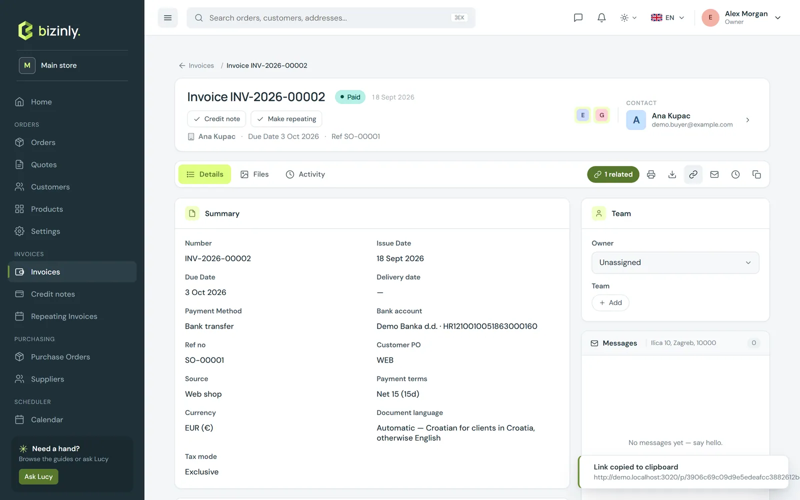 Pressing Share Link on an invoice copies its public URL, confirmed with a toast