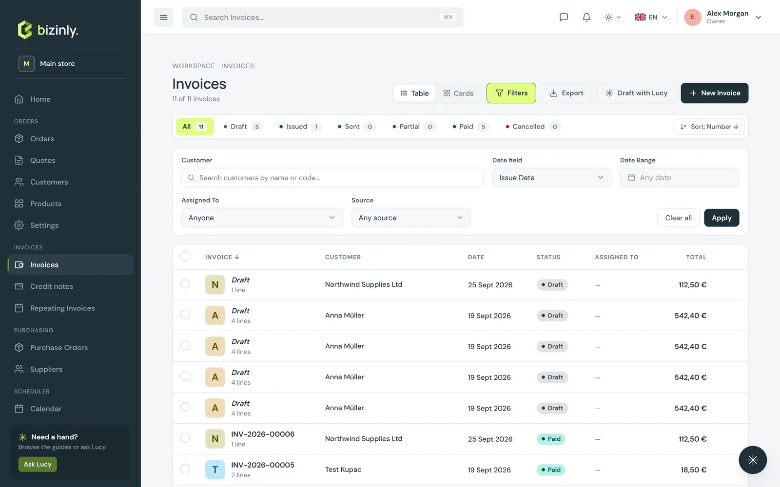 The Filters panel on the Invoices list, with a customer filter and a date range