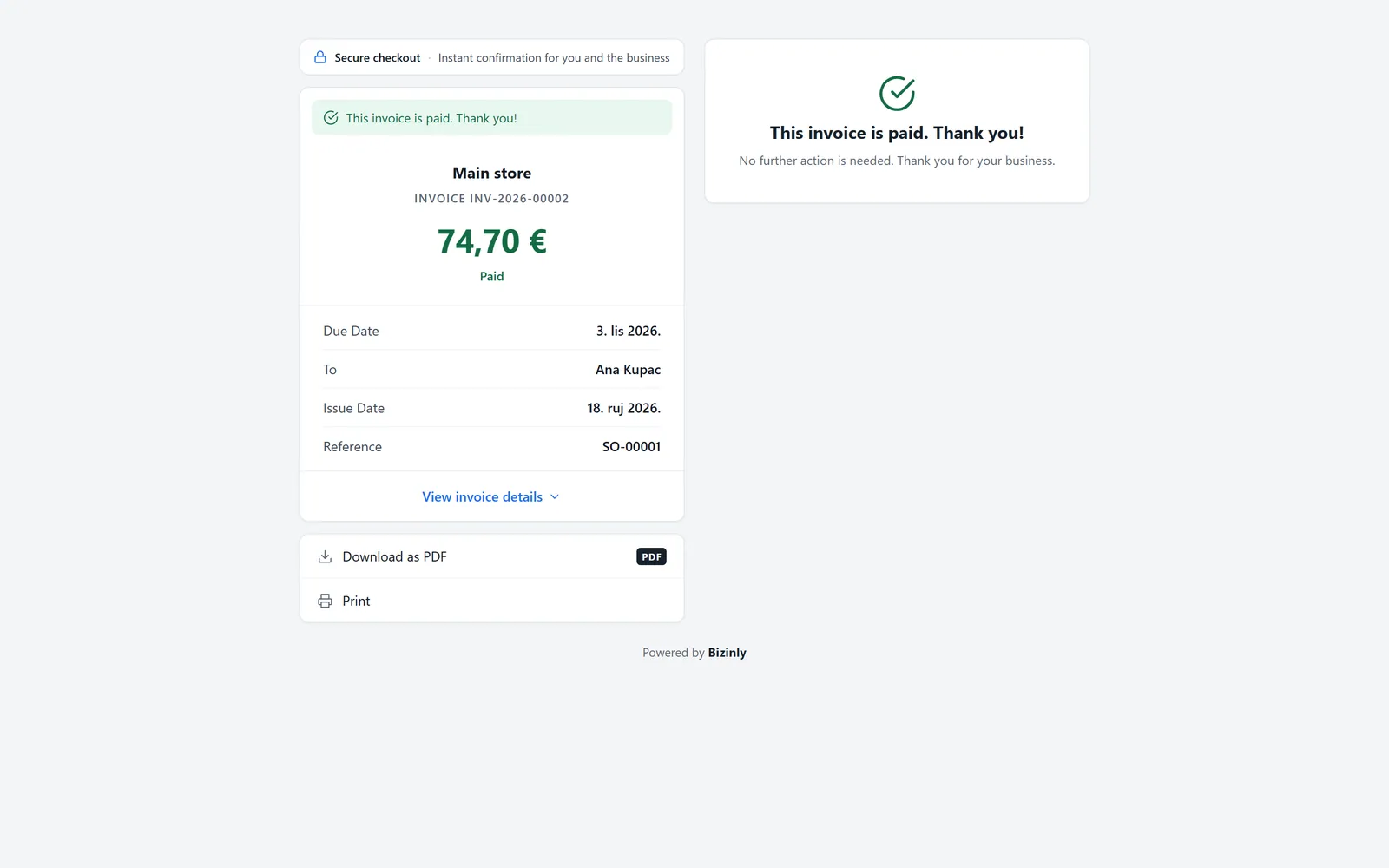 The public pay page for a paid invoice: amount, due date, reference and a confirmation that it's paid, with PDF download and print