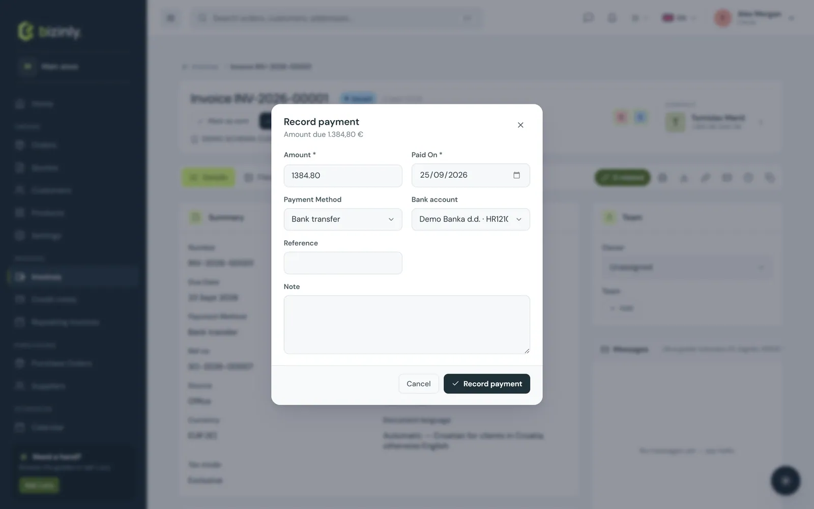 The Record payment dialog, pre-filled with the amount due, today's date, payment method and bank account
