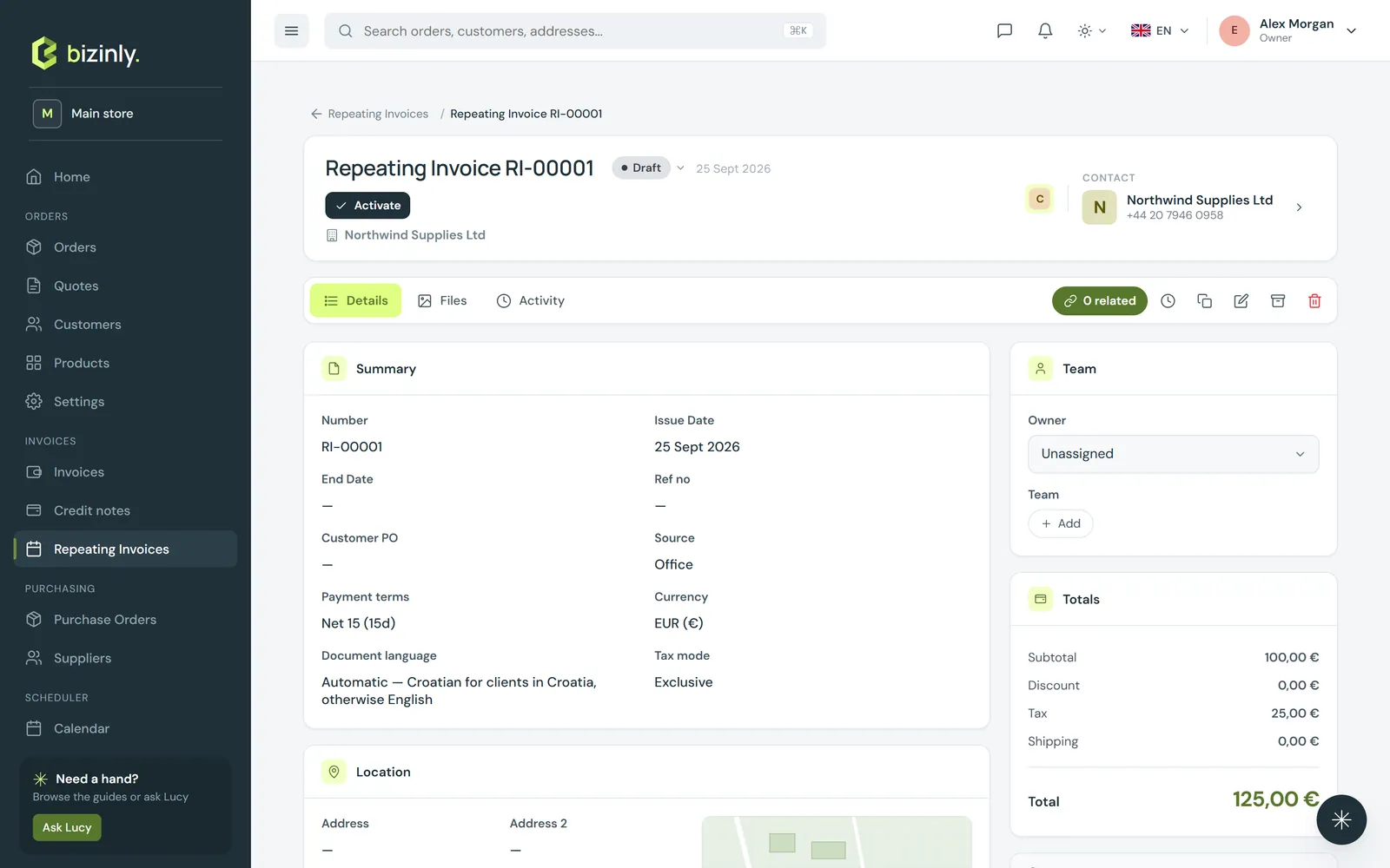 A repeating invoice template's own page, with its schedule, payment terms and totals