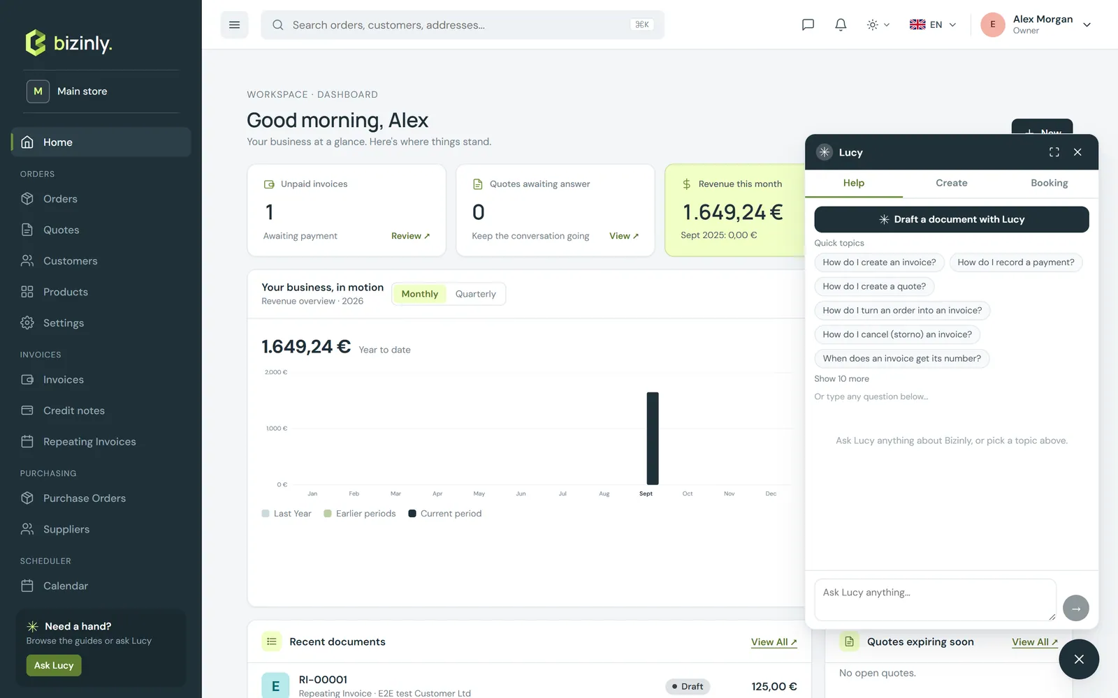 Lucy's panel open on the dashboard, with quick topics and a question box