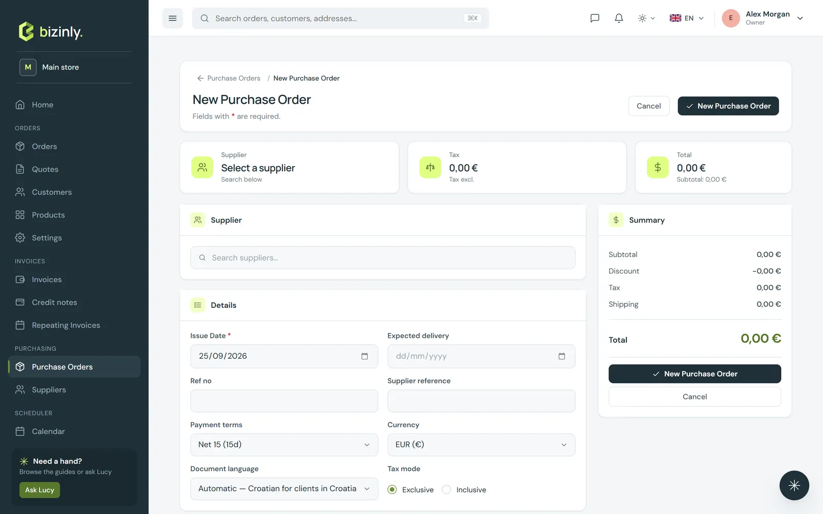 A new purchase order form: supplier, tax, total and a live summary