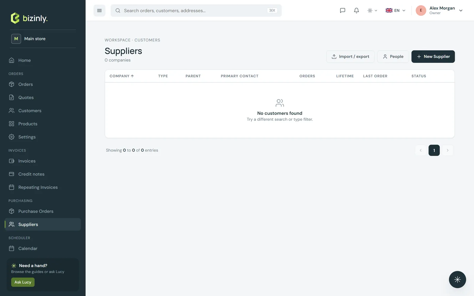 The Suppliers list, with Import/export, People and New Supplier actions