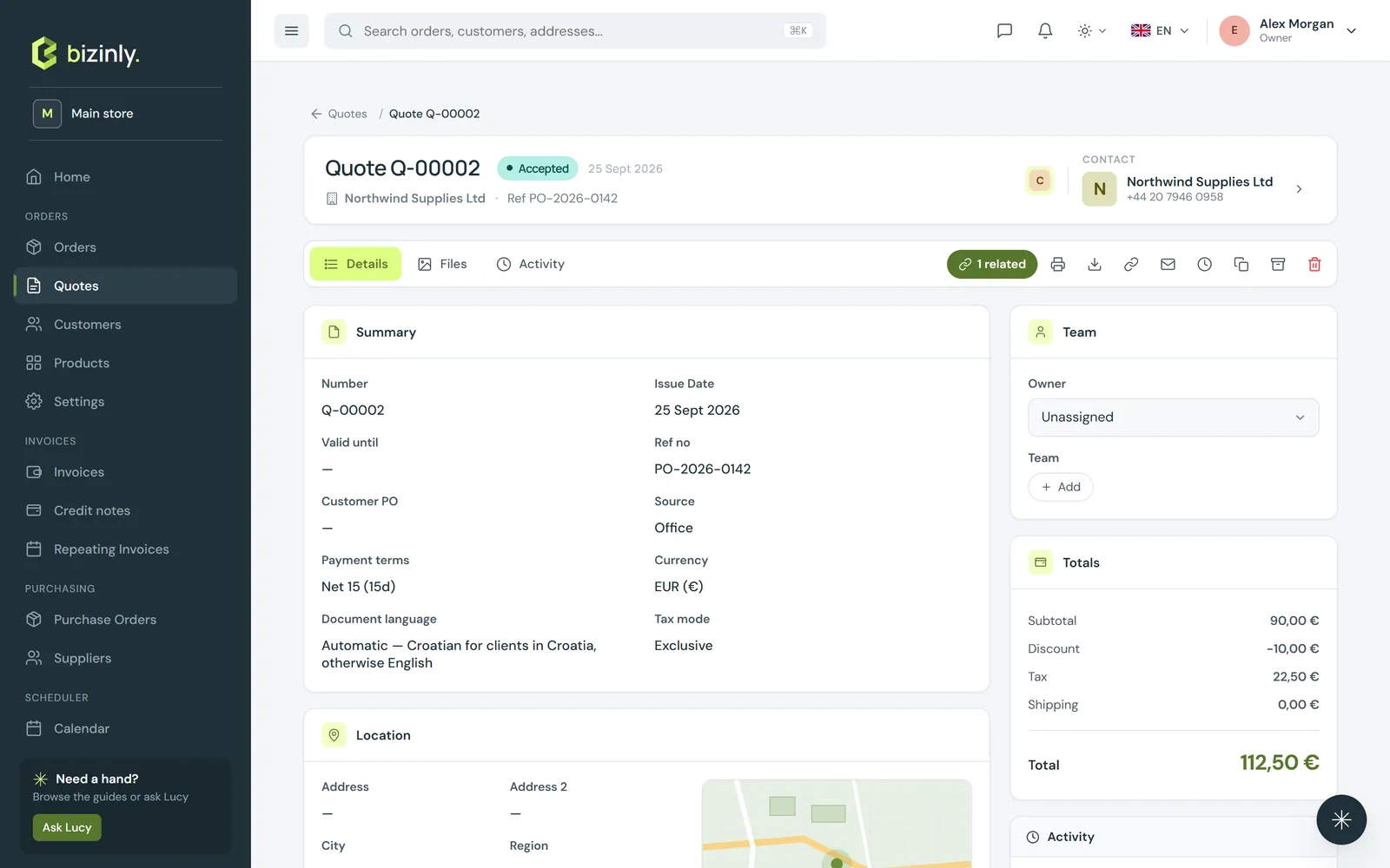 A quote's own page: status, customer, contact, related documents and totals