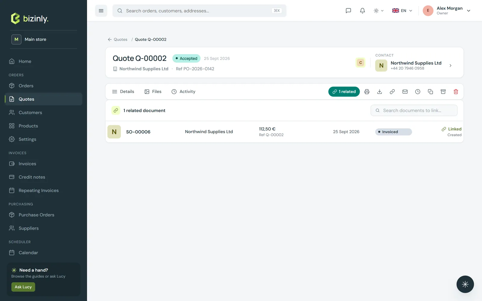A quote's Related tab, showing the sales order it was linked and created from, with its status and total