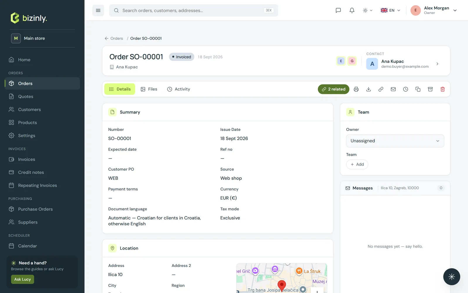 A sales order's own page, with its status, contact, team and totals