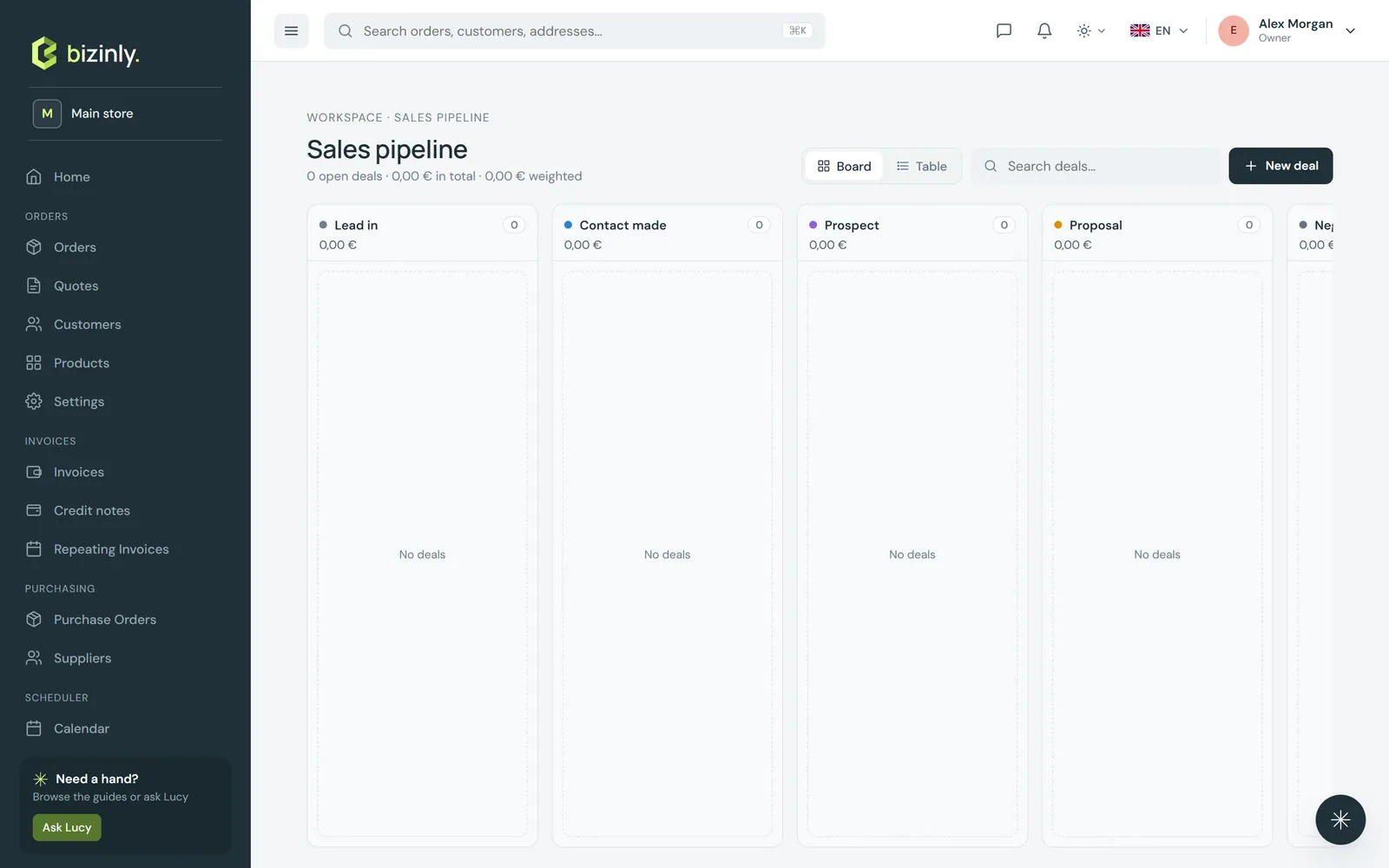 The sales pipeline board, one column per stage from Lead in to Proposal
