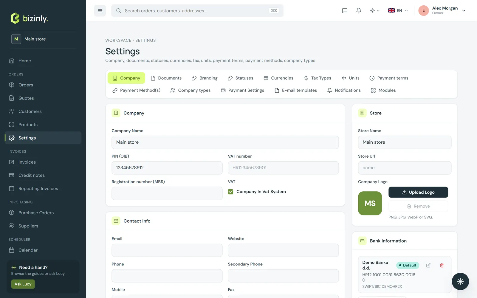Settings → Company: legal name, contact info, headquarters address, bank account and defaults