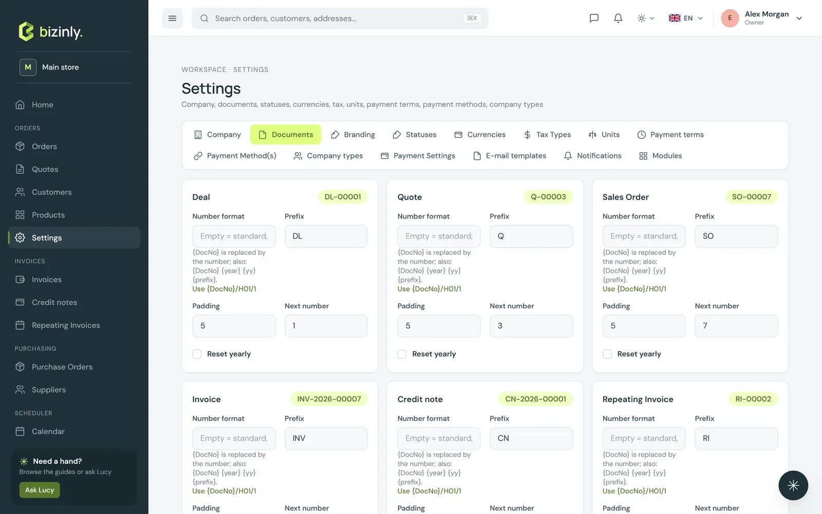 Settings → Documents: numbering cards with prefix, padding and next number per document type