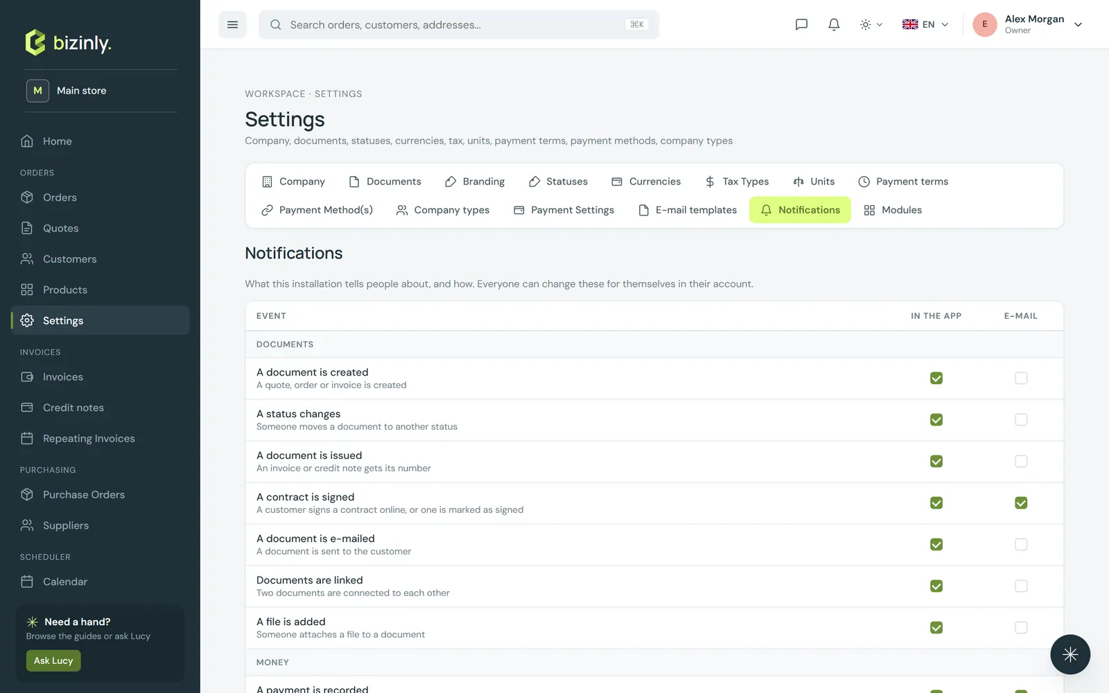 Settings → Notifications, with app/e-mail/SMS switches per event
