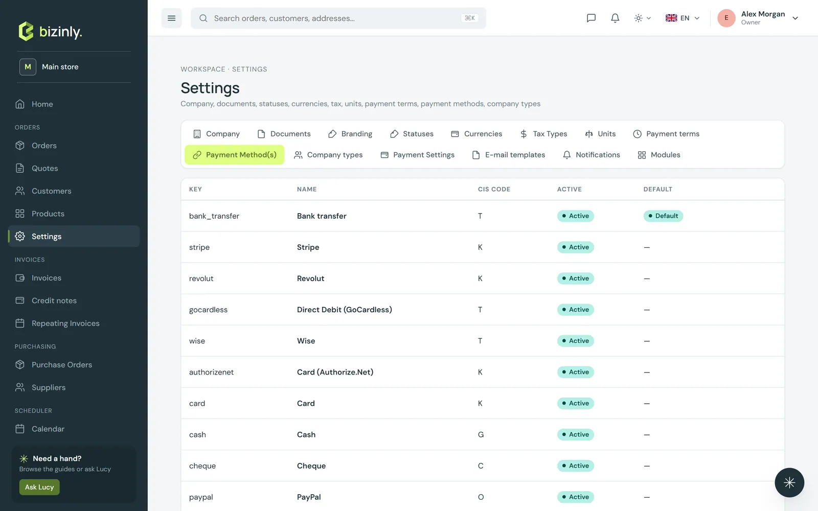 Settings → Payment Methods, with bank transfer as the default alongside card, cash and others