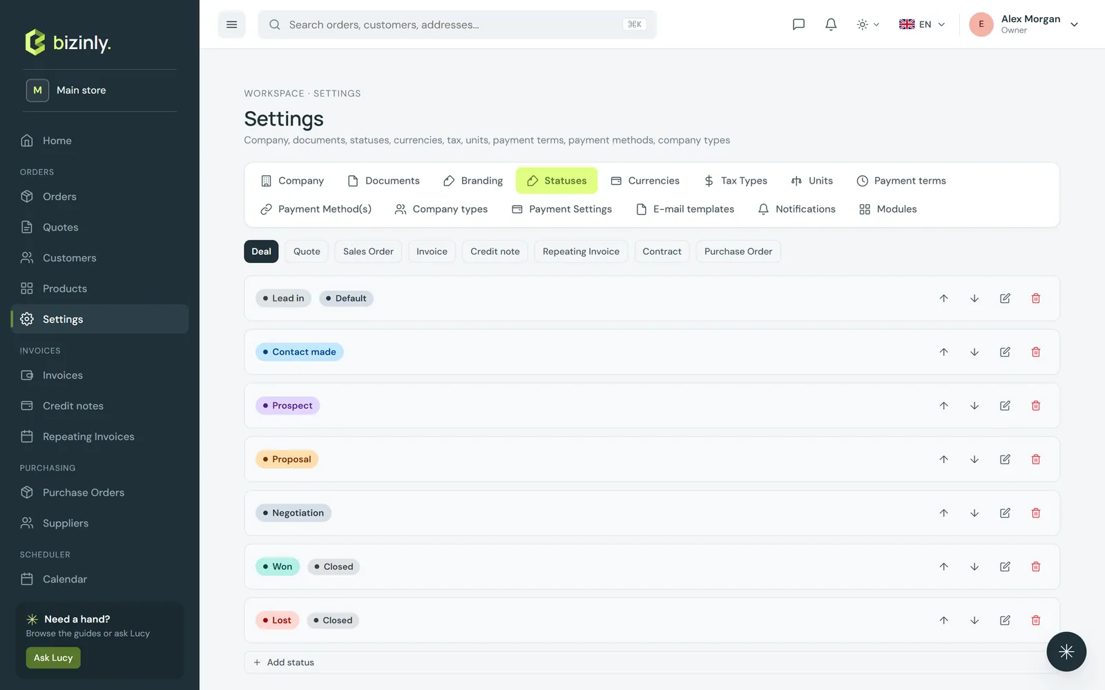 Settings → Statuses, listing the customisable status set for a document type