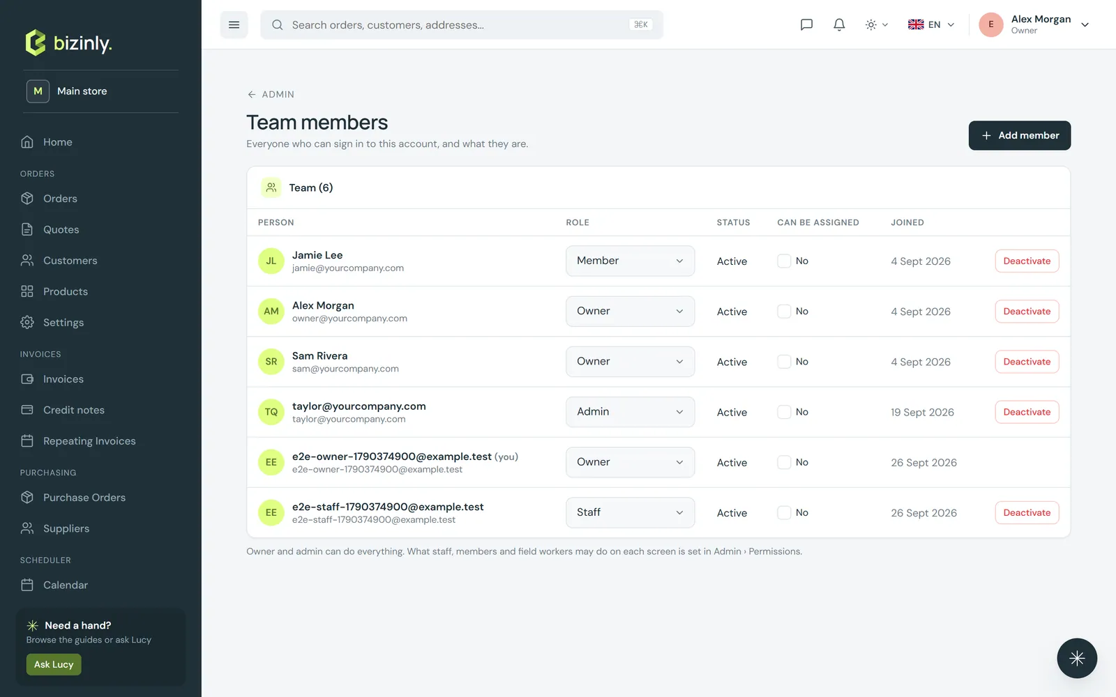 Admin → Team members: everyone who can sign in, their role, status and join date